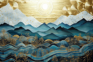 金色山水背景国潮装饰画
