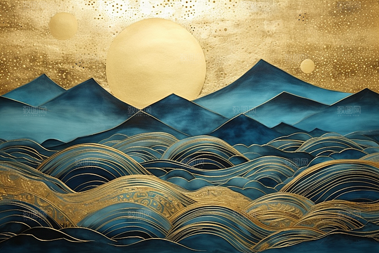 金色山水抽象国潮装饰画