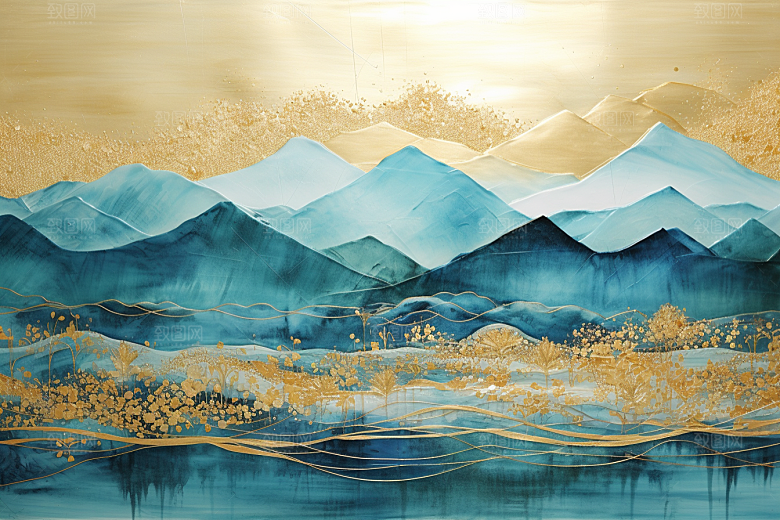 金色山水新中式抽象装饰画