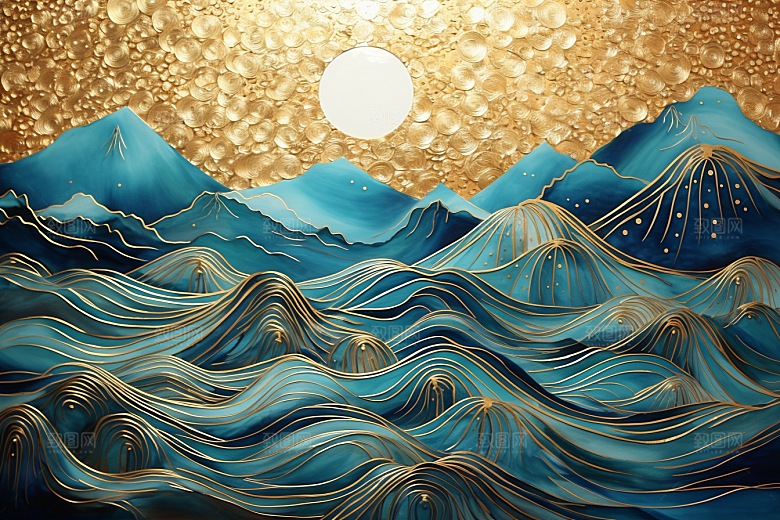 金色山水剪影抽象装饰画