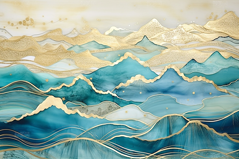 金色山水背景国潮装饰画