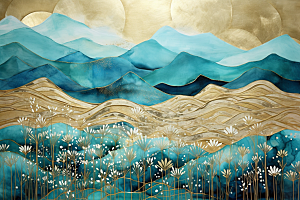 金色山水质感抽象装饰画