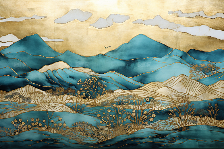 金色山水水墨中国风装饰画
