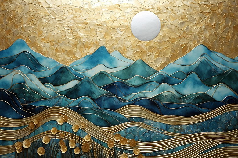 金色山水高档新中式装饰画
