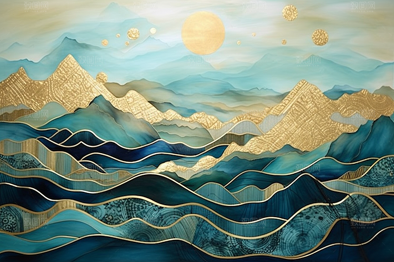 金色山水金箔质感装饰画