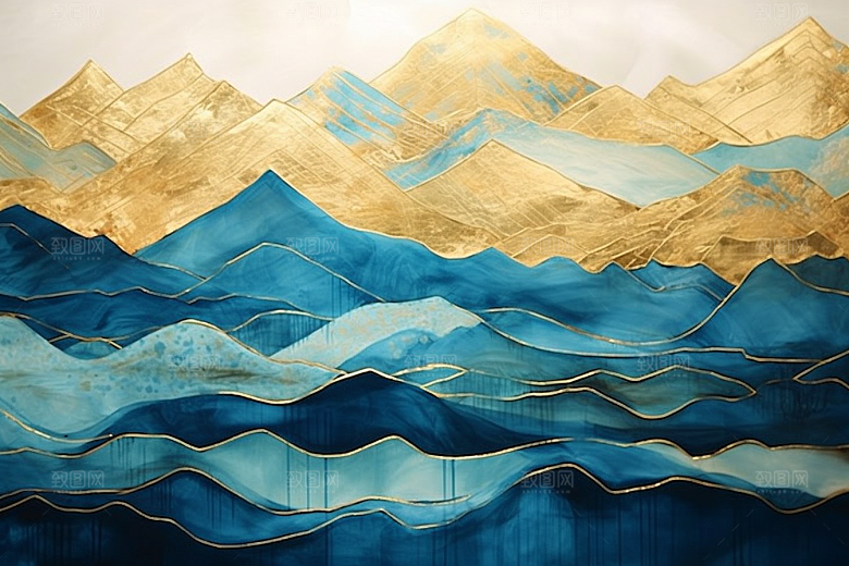 金色山水国潮水墨装饰画