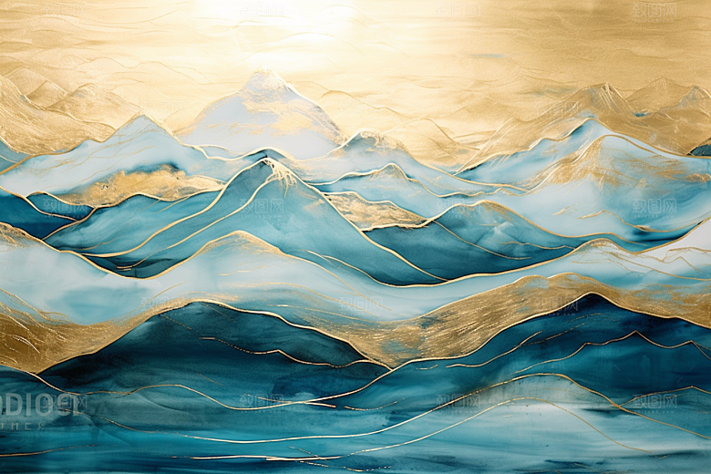金色山水国潮剪影装饰画