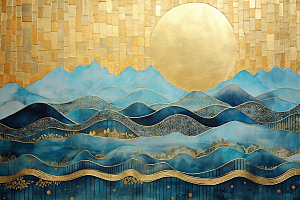 金色山水国潮抽象装饰画