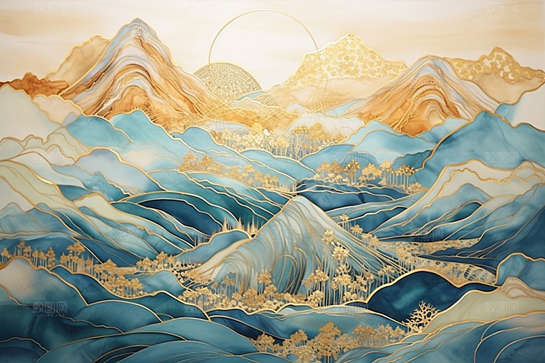 金色山水质感剪影装饰画