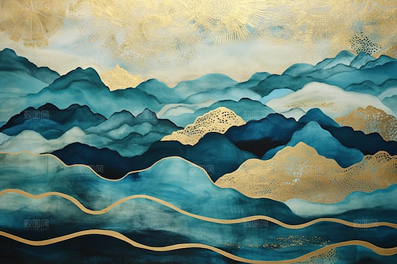 金色山水中国风背景装饰画