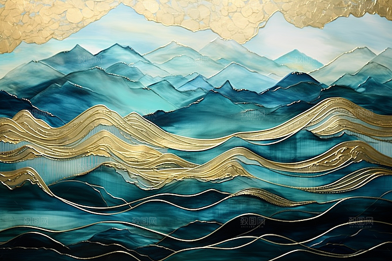 金色山水中国风质感装饰画