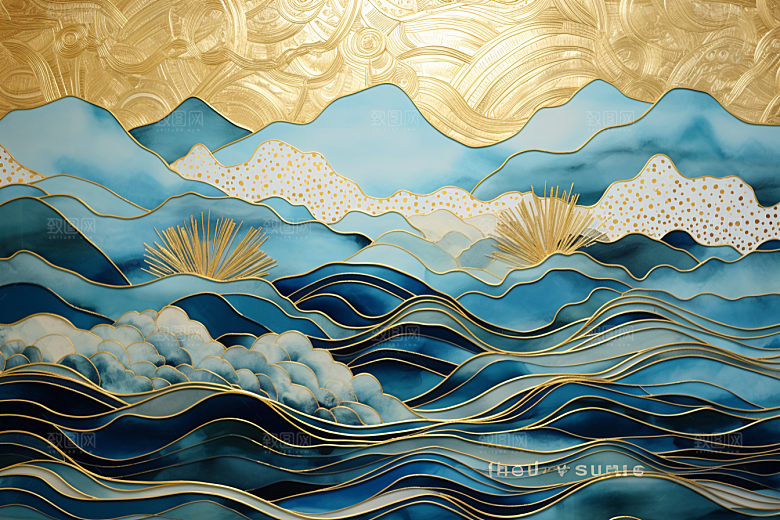金色山水新中式剪影装饰画