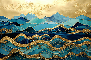金色山水抽象国潮装饰画