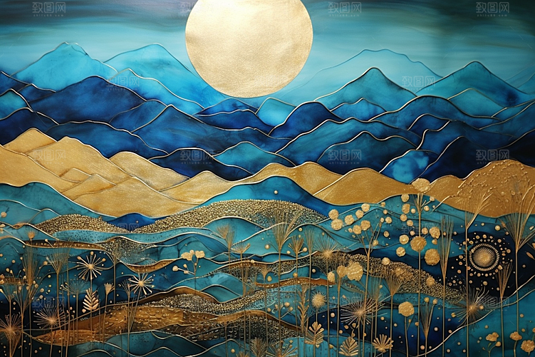 金色山水新中式中国风装饰画