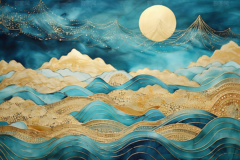 金色山水水墨剪影装饰画