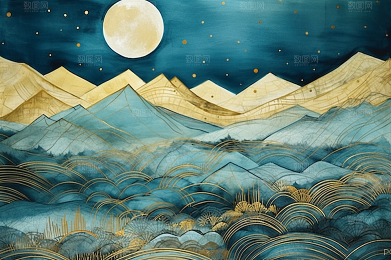 金色山水质感质感装饰画