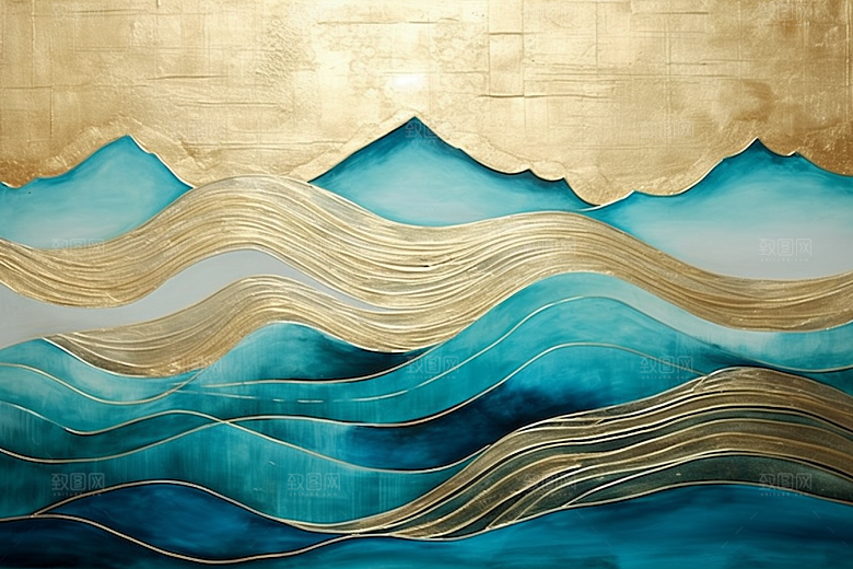 金色山水新中式剪影装饰画