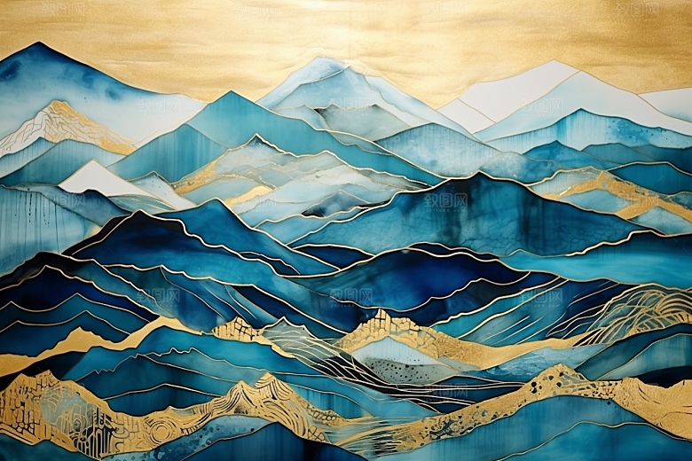 金色山水剪影新中式装饰画