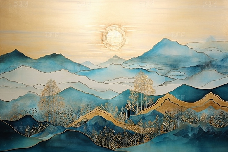 金色山水国潮新中式装饰画