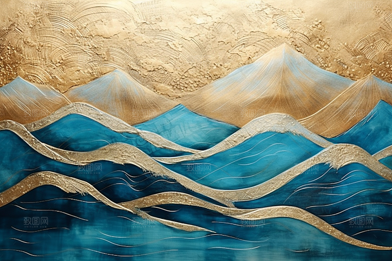 金色山水背景国潮装饰画