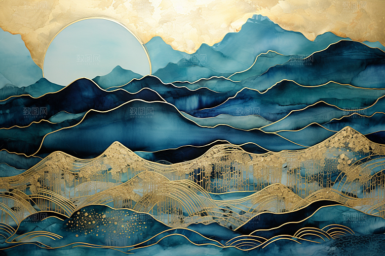金色山水高档新中式装饰画
