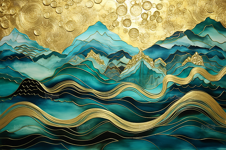 金色山水抽象剪影装饰画