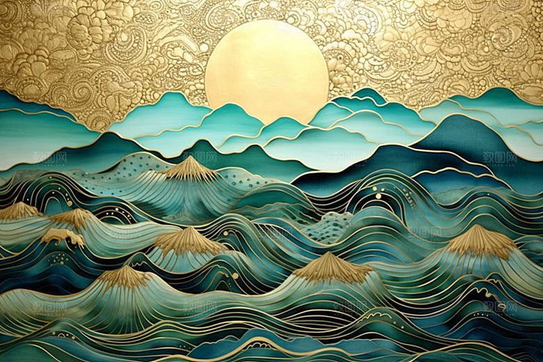 金色山水质感国潮装饰画