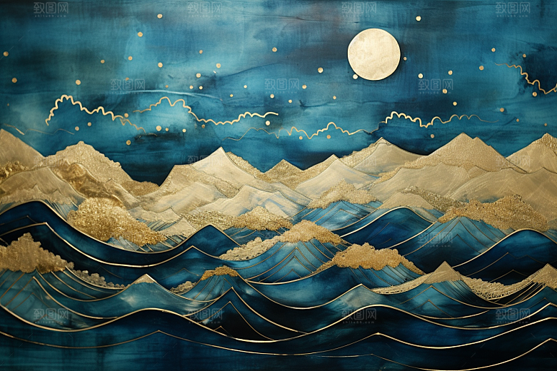金色山水金箔水墨装饰画