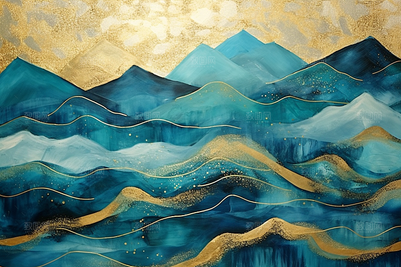 金色山水国潮水墨装饰画