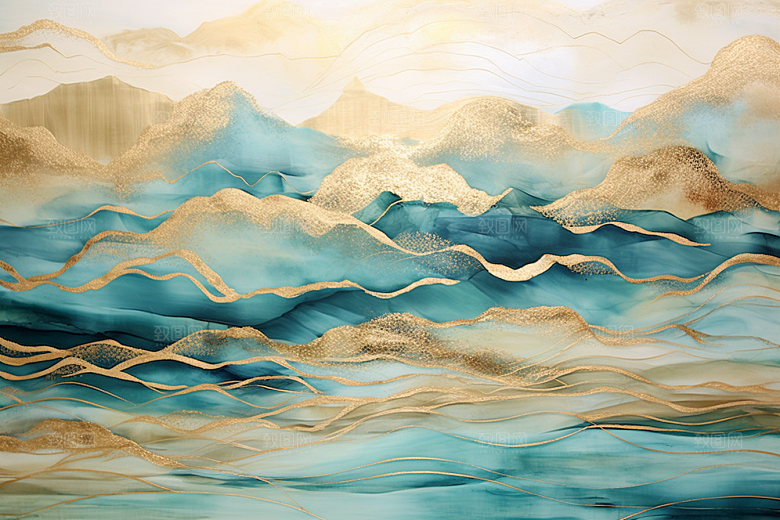 金色山水中国风剪影装饰画