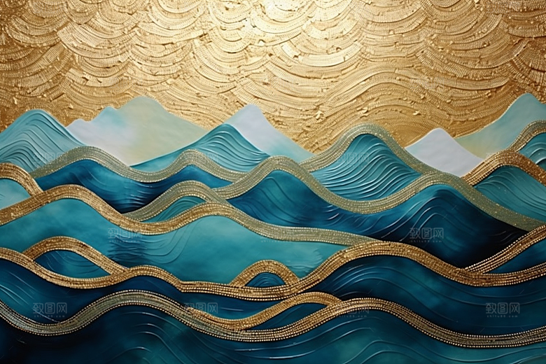 金色山水国潮抽象装饰画
