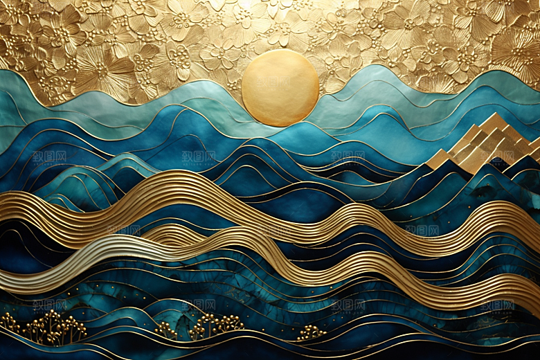 金色山水金箔水墨装饰画