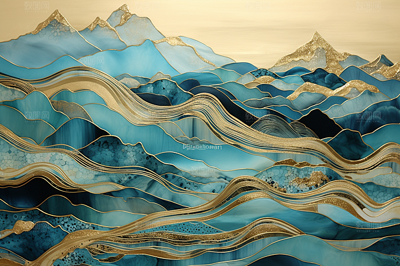 金色山水国潮抽象装饰画