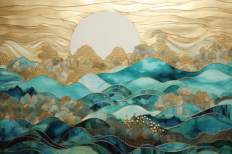 金色山水国潮抽象装饰画