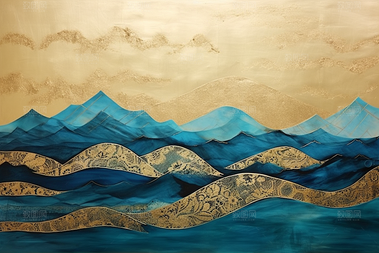 金色山水国潮背景装饰画