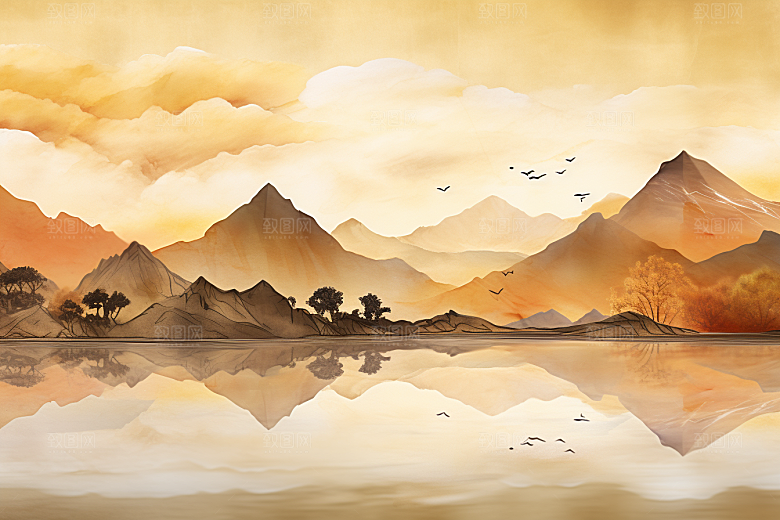 金色山水剪影高档装饰画