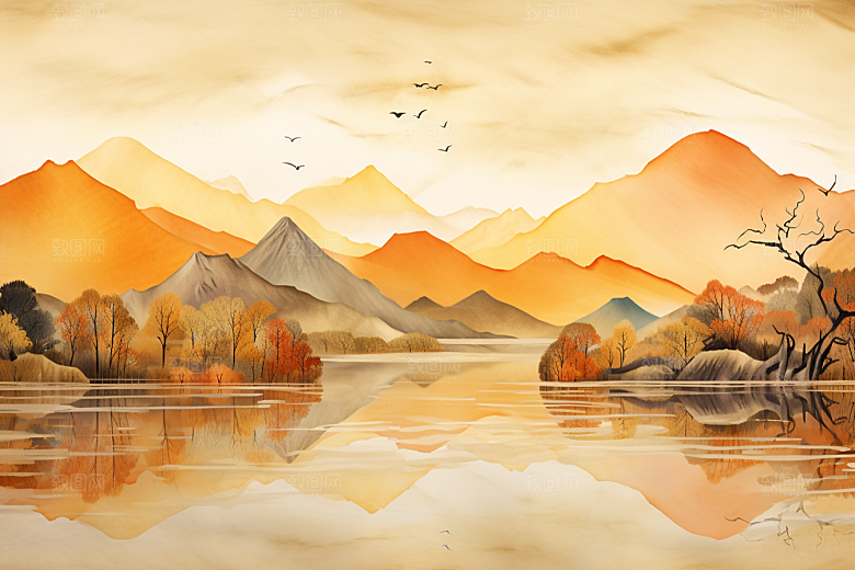 金色山水抽象新中式装饰画