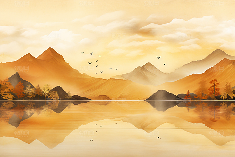 金色山水剪影中国风装饰画