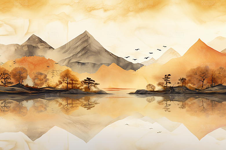 金色山水国潮剪影装饰画