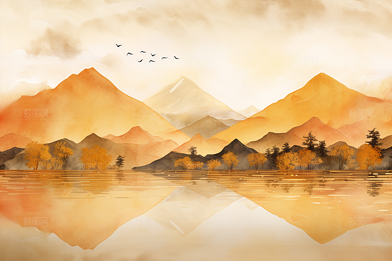 金色山水高档剪影装饰画
