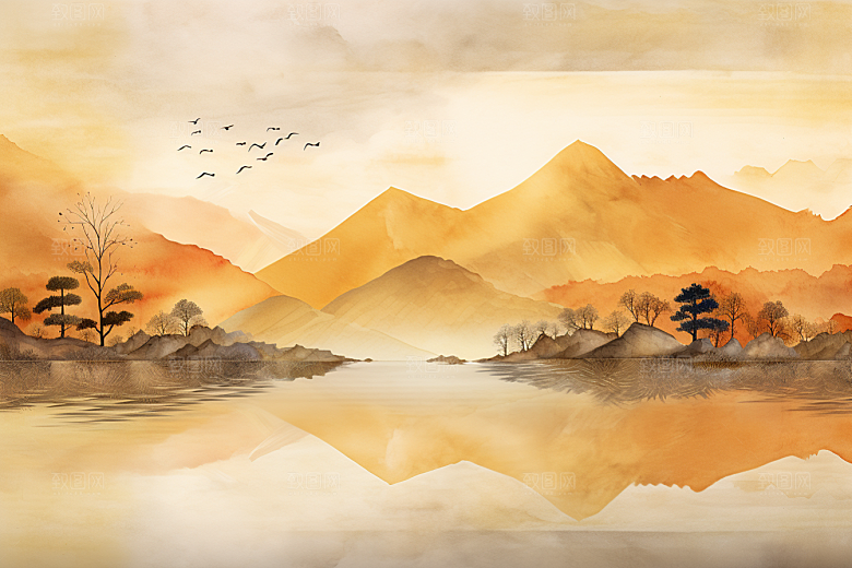 金色山水高档国潮装饰画