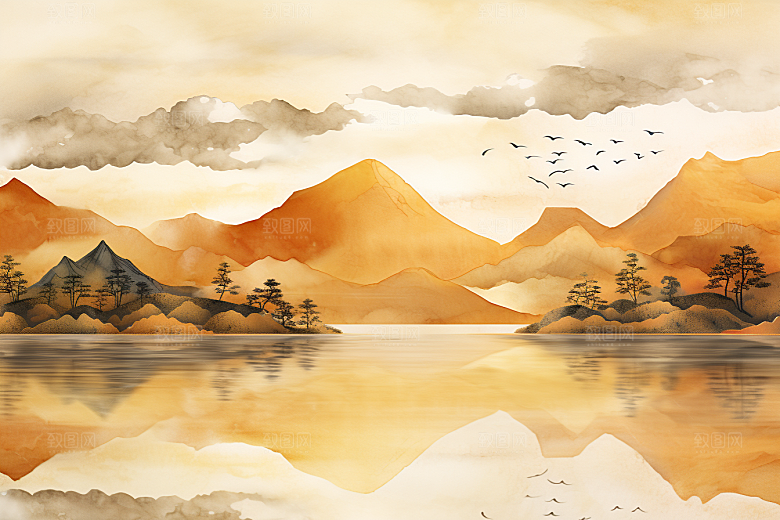 金色山水高档新中式装饰画