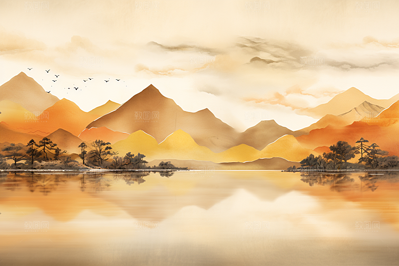 金色山水质感新中式装饰画