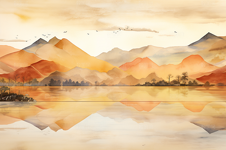 金色山水质感剪影装饰画