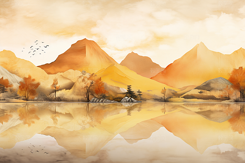 金色山水背景新中式装饰画