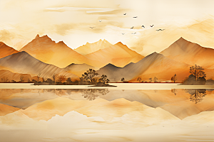 金色山水背景抽象装饰画