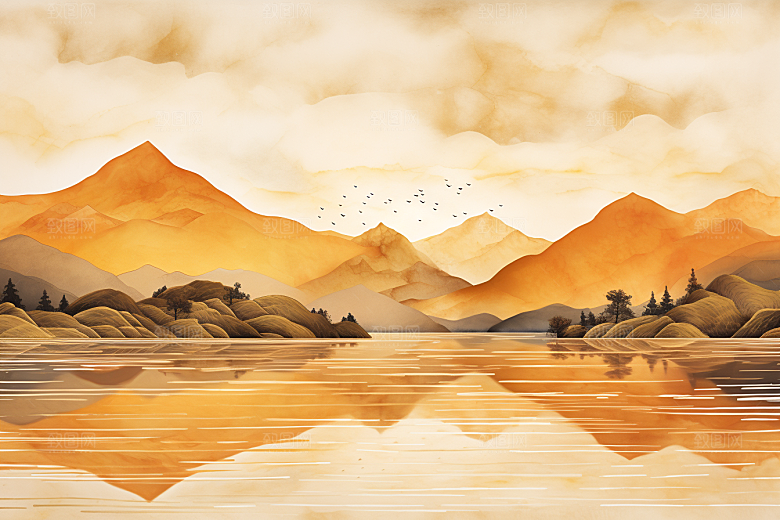 金色山水金箔剪影装饰画
