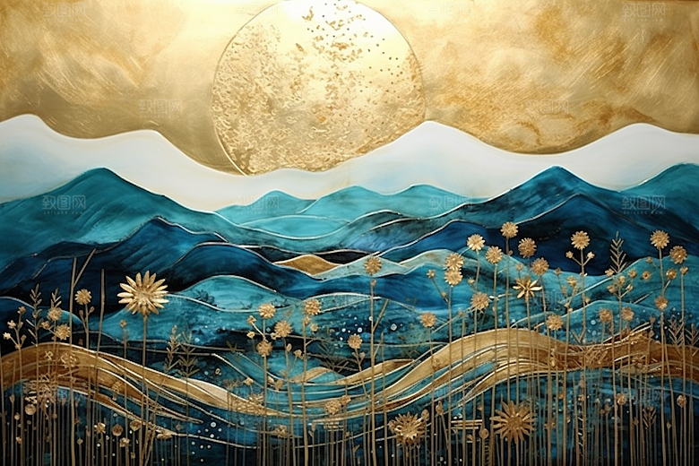 金色山水大气剪影装饰画