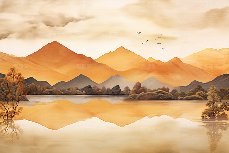 金色山水剪影背景装饰画