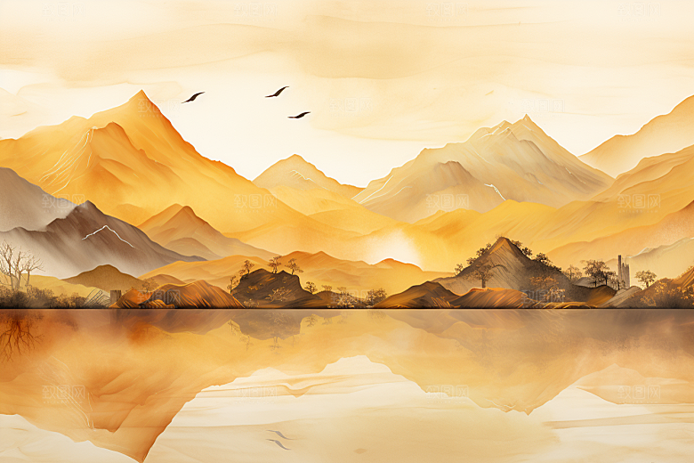 金色山水高档剪影装饰画